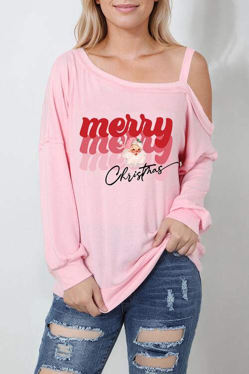 MERRY CHRISTMAS Graphic Asymmetrical Neck Top Blush Pink Blouses - Tophatter Daily Deals