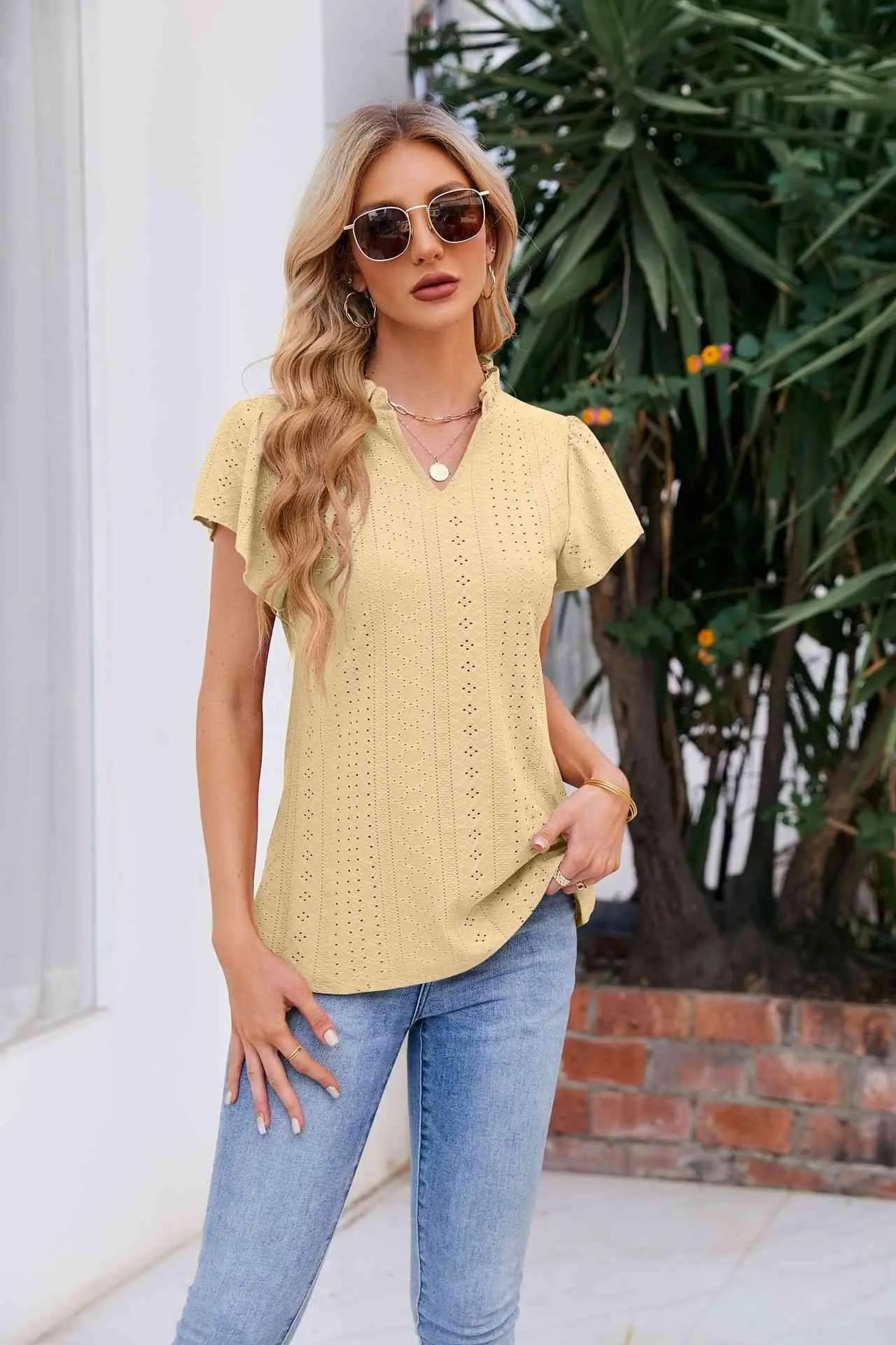 Notched Neck Puff Sleeve Blouse Pastel Yellow Blouses - Tophatter Daily Deals