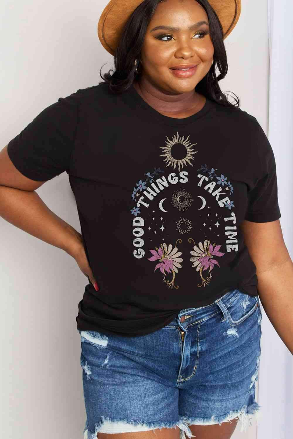Simply Love Full Size GOOD THINGS TAKE TIME Graphic Cotton Tee Black Women's T-Shirts - Tophatter Daily Deals