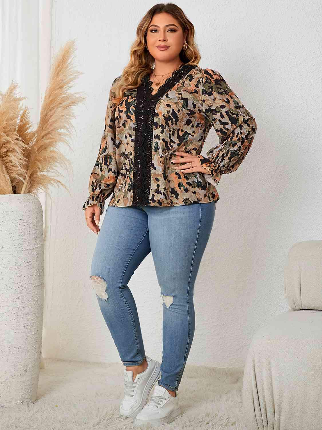 Plus Size Lace Trim Flounce Sleeve Blouse Blouses - Tophatter Daily Deals