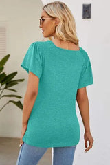 Smocked Round Neck Flutter Sleeve T-Shirt Women's T-Shirts - Tophatter Daily Deals
