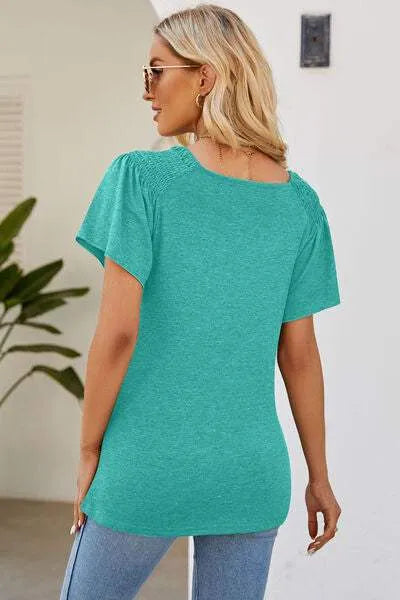 Smocked Round Neck Flutter Sleeve T-Shirt Women's T-Shirts - Tophatter Daily Deals