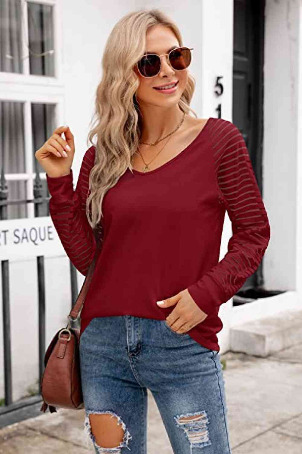 V-Neck Long Raglan Sleeve Top - Tophatter Deals