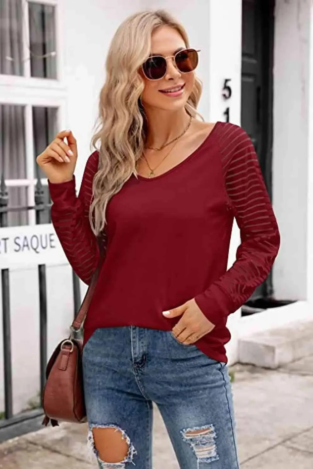 V-Neck Long Raglan Sleeve Top Wine Blouses - Tophatter Daily Deals