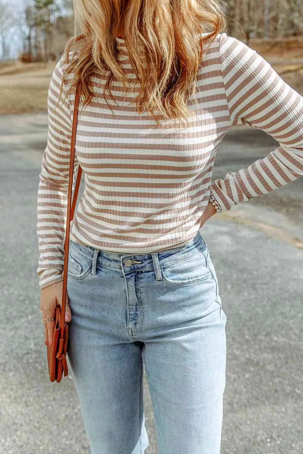 Double Take Striped Mock Neck Long Sleeve Top Blouses - Tophatter Daily Deals