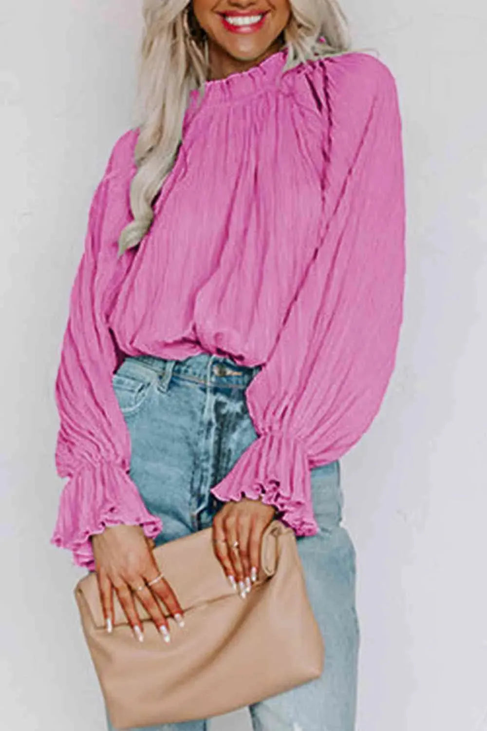 Round Neck Flounce Sleeve Blouse Fuchsia Pink Blouses - Tophatter Daily Deals
