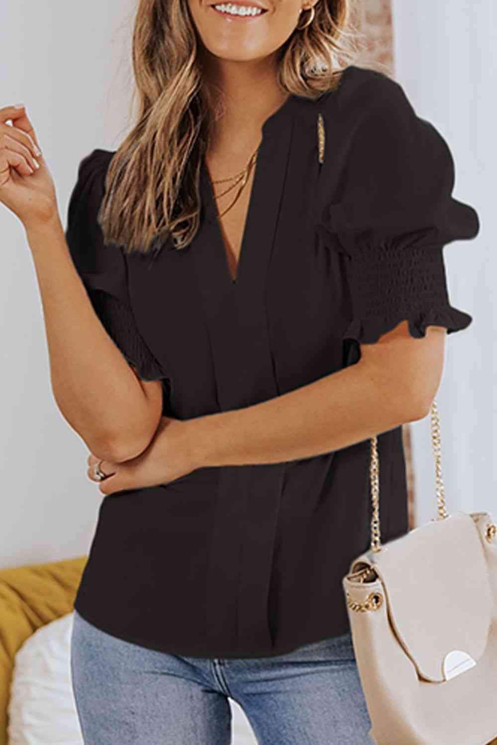 Smocked Flounce Sleeve Notched Neck Blouse Black Blouses - Tophatter Daily Deals