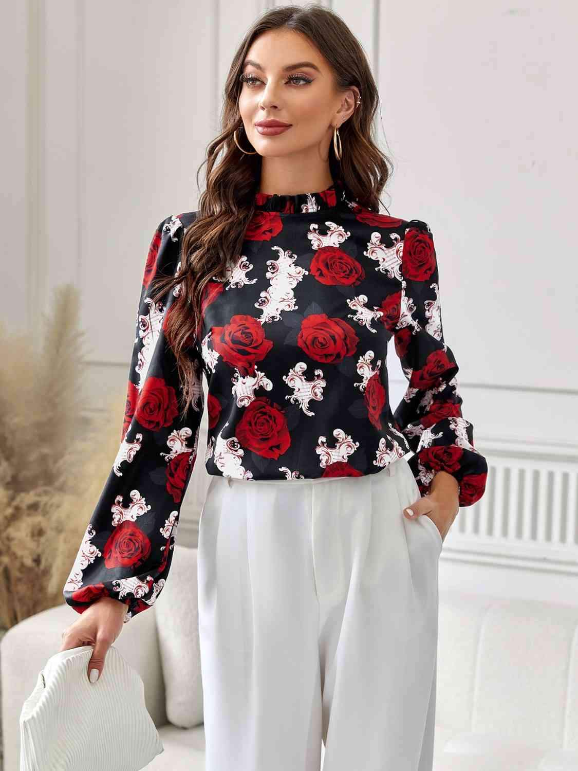 Floral Mock Neck Long Sleeve Blouse Blouses - Tophatter Daily Deals