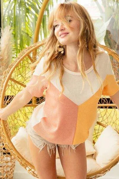BiBi Round Neck Color Block Short Sleeve T-Shirt PEACHTANGERINE Women's T-Shirts - Tophatter Daily Deals