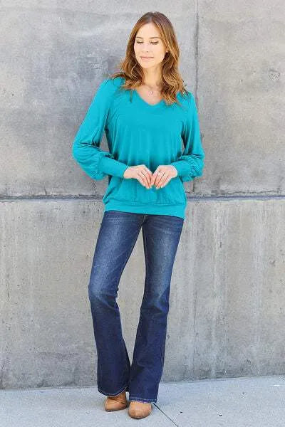 Basic Bae Full Size V-Neck Lantern Sleeve Blouse Blouses - Tophatter Daily Deals