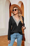 Contrast V-Neck Long Sleeve Blouse Blouses - Tophatter Daily Deals