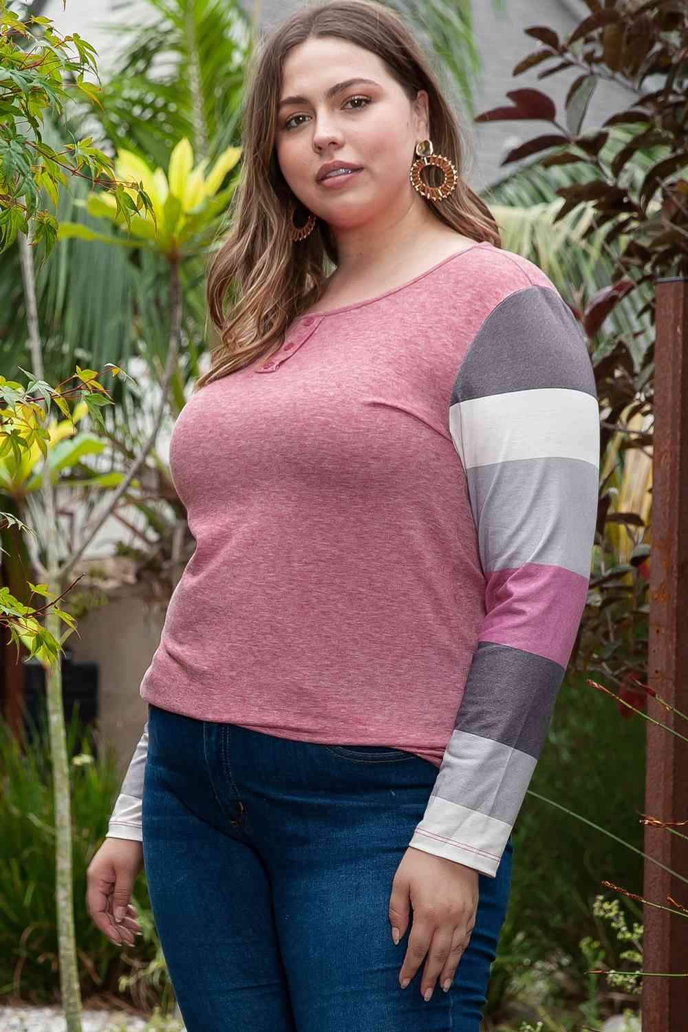 Plus Size Round Neck Color Block Long Sleeve T-Shirt Light Mauve Women's T-Shirts - Tophatter Daily Deals