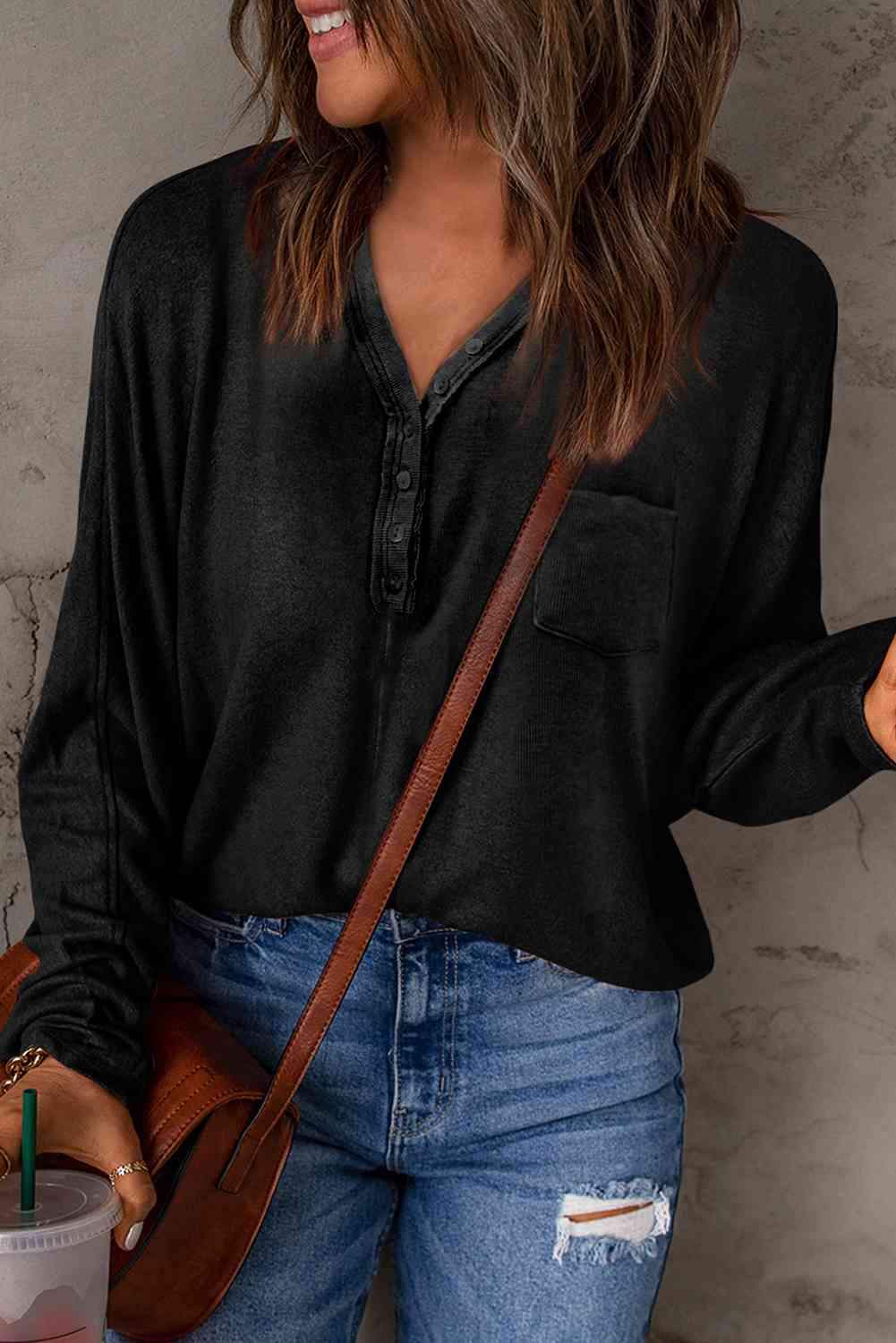 Ribbed Patch Pocket Button V-Neck Long Sleeve Top Black Blouses - Tophatter Daily Deals