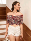 Printed Crisscross Smocked Crop Top Multicolor Blouses - Tophatter Daily Deals