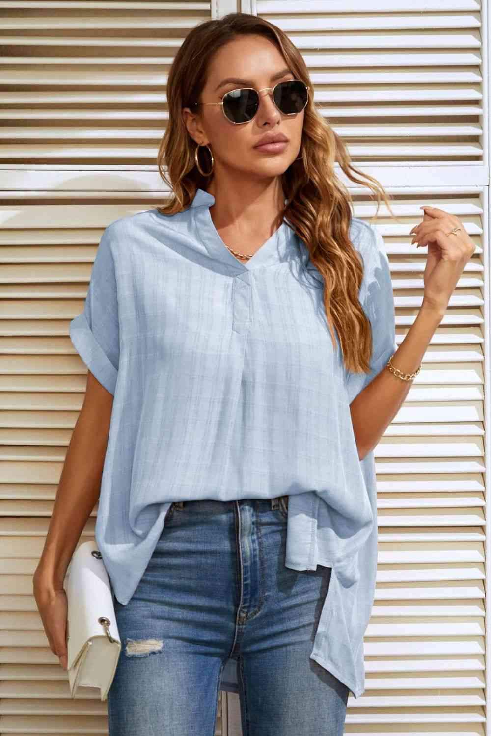 Notched Neck Slit Cuffed Blouse Pastel Blue Blouses - Tophatter Daily Deals