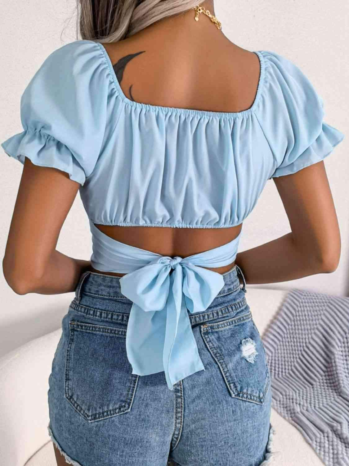 Square Neck Crisscross Flounce Sleeve Cropped Top Blouses - Tophatter Daily Deals