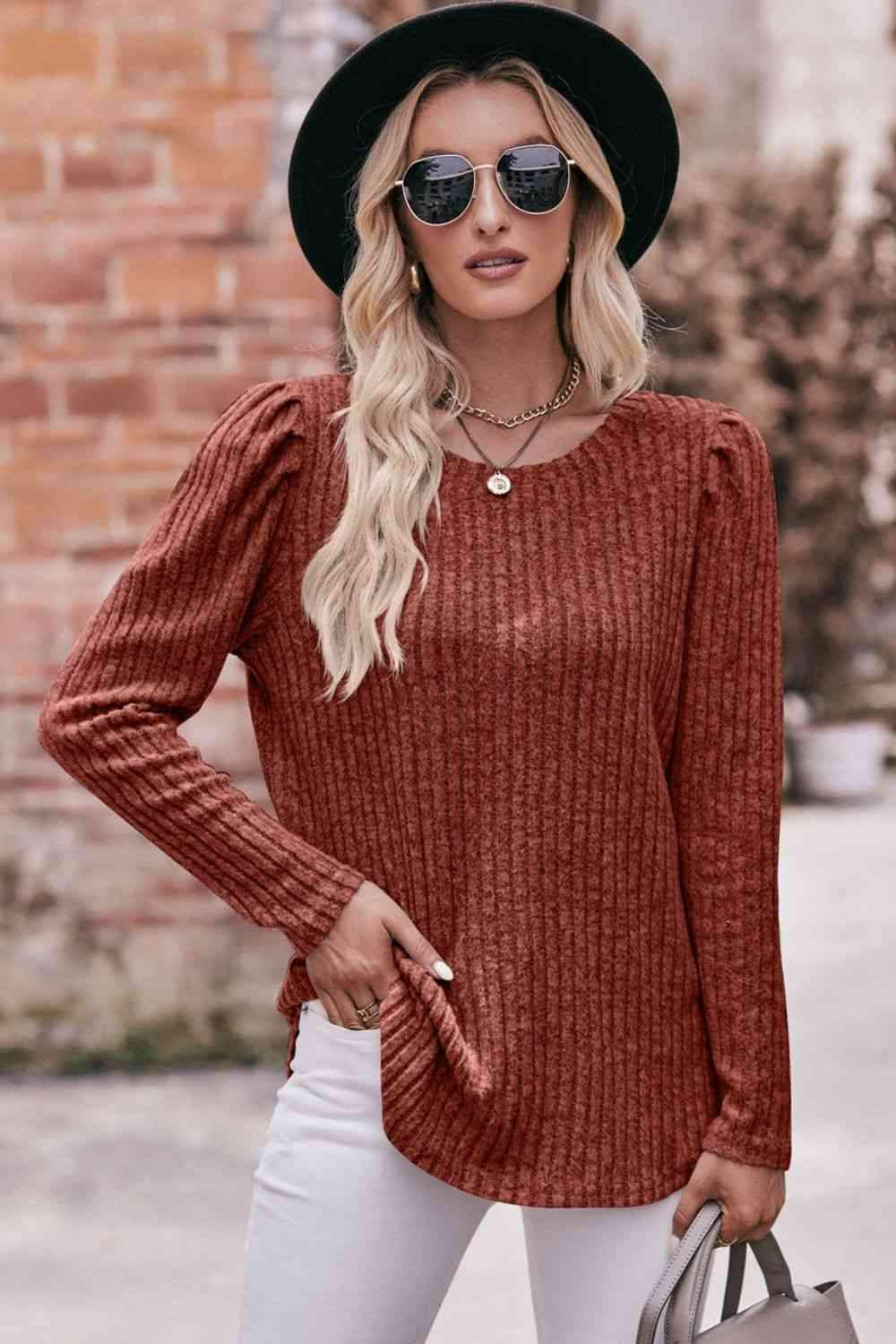 Double Take Round Neck Puff Sleeve Ribbed Top Caramel Blouses - Tophatter Daily Deals