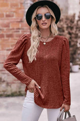 Double Take Round Neck Puff Sleeve Ribbed Top Caramel Blouses - Tophatter Daily Deals