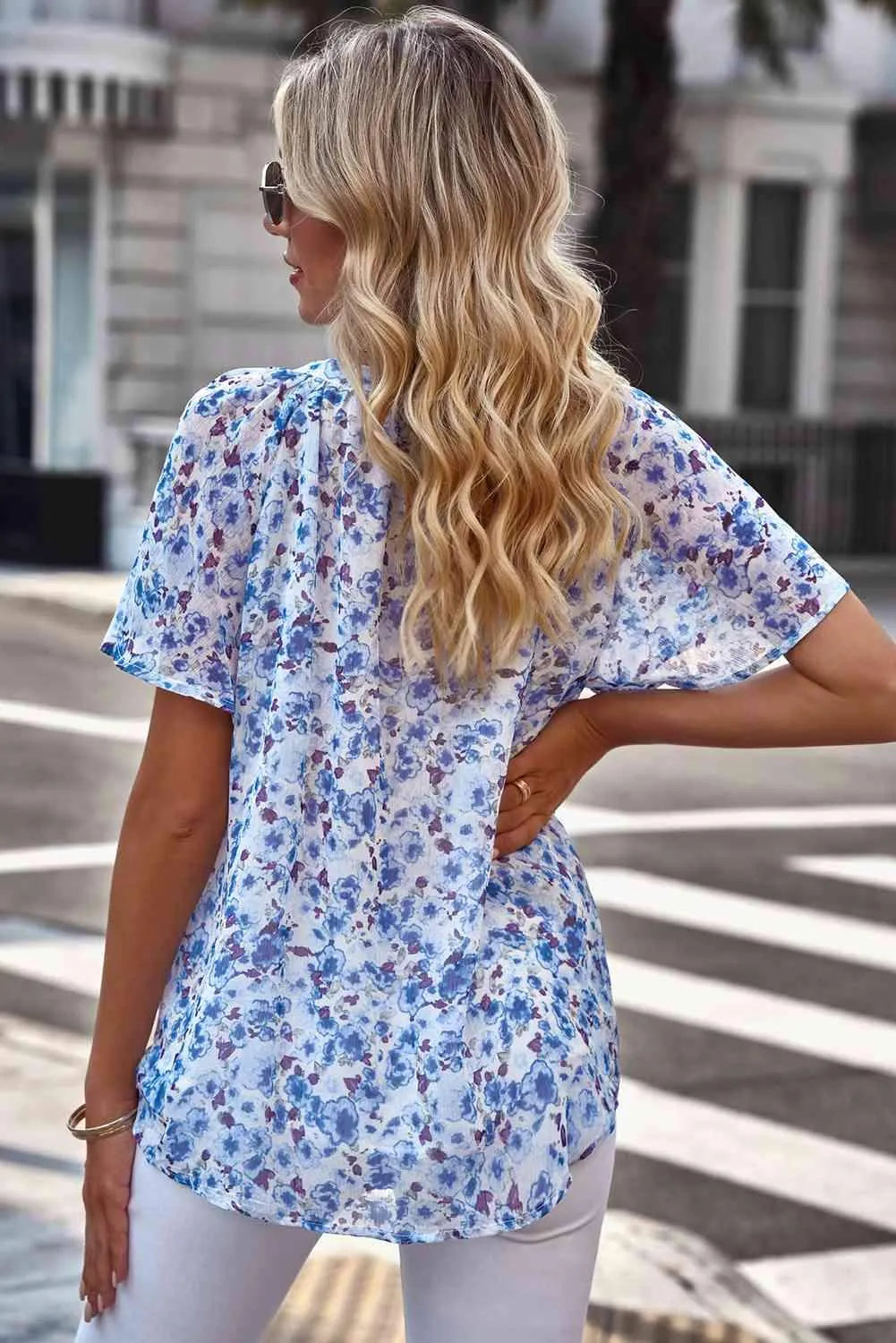 Floral Notched Neck Flutter Sleeve Blouse Blouses - Tophatter Daily Deals