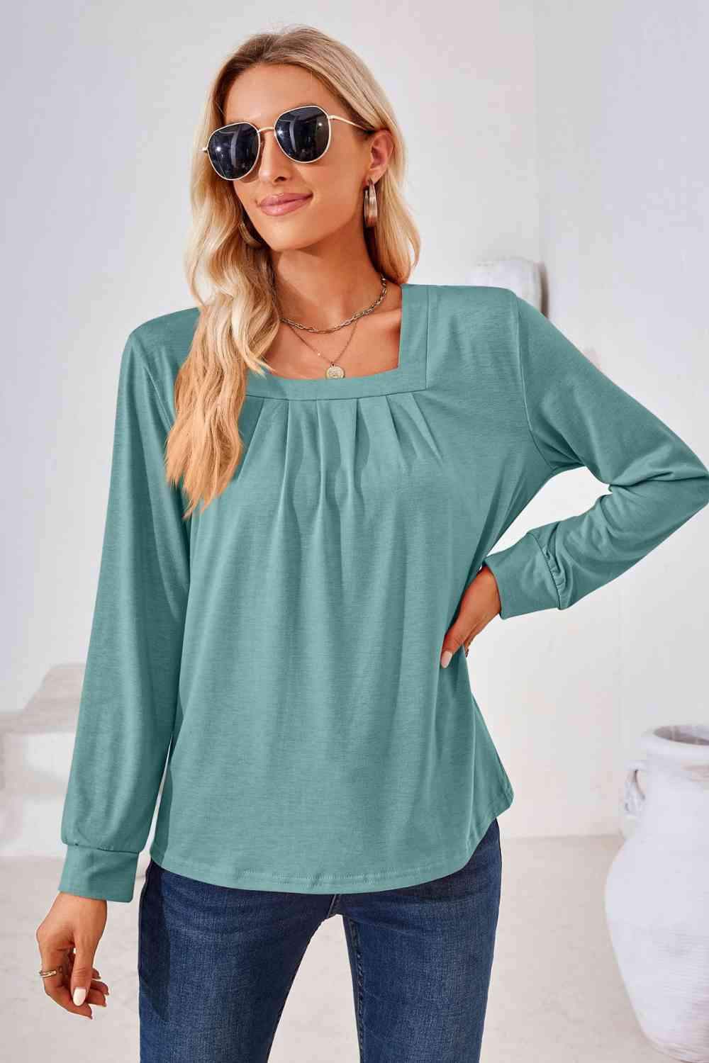 Square Neck Ruched Long Sleeve Blouse Teal Blouses - Tophatter Daily Deals