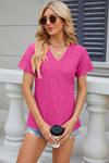 Eyelet Surplice Short Sleeve T-Shirt Hot Pink Women's T-Shirts - Tophatter Daily Deals