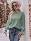 Double Take Eyelet Notched Neck Flounce Sleeve Blouse Light Green Blouses - Tophatter Daily Deals