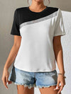 Contrast Color Round Neck Short Sleeve Tee Black-White Women's T-Shirts - Tophatter Daily Deals