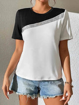 Contrast Color Round Neck Short Sleeve Tee Black-White Women's T-Shirts - Tophatter Daily Deals