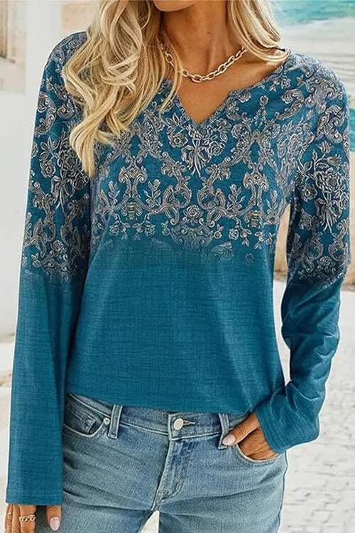 Printed Notched Long Sleeve T-Shirt Turquoise Women's T-Shirts - Tophatter Daily Deals