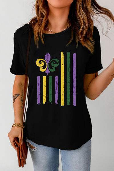 MARDI GRAS Graphic Round Neck T-Shirt Black Women's T-Shirts - Tophatter Daily Deals