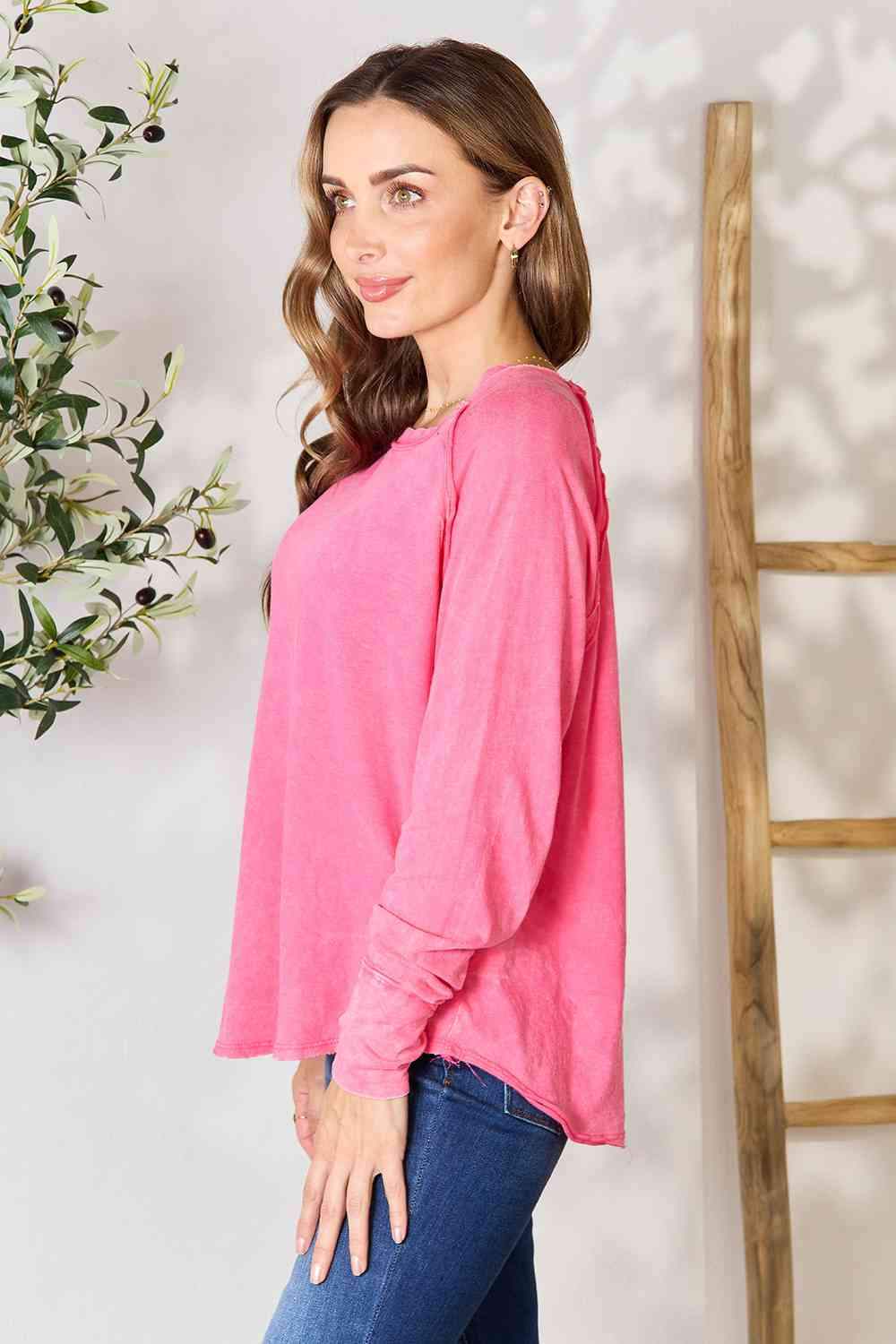 Zenana Round Neck Long Sleeve Top Blouses - Tophatter Daily Deals