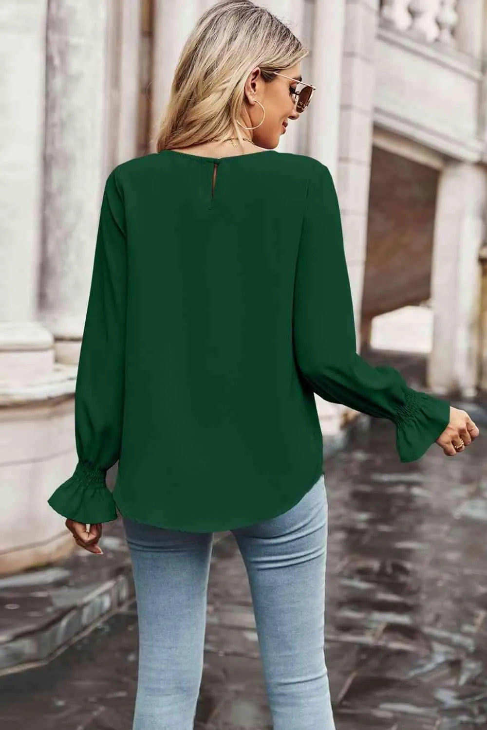 Round Neck Long Flounce Sleeve Blouse Blouses - Tophatter Daily Deals