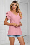 Eyelet Layered Flutter Sleeve V-Neck Knit Top Blouses - Tophatter Daily Deals