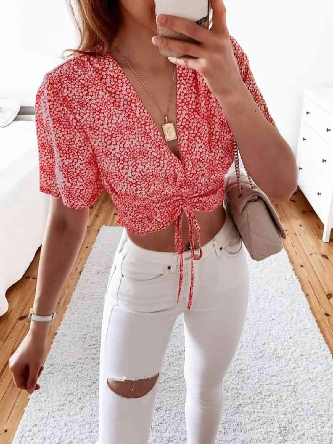 Floral Drawstring Deep V Cropped Blouse Red Blouses - Tophatter Daily Deals