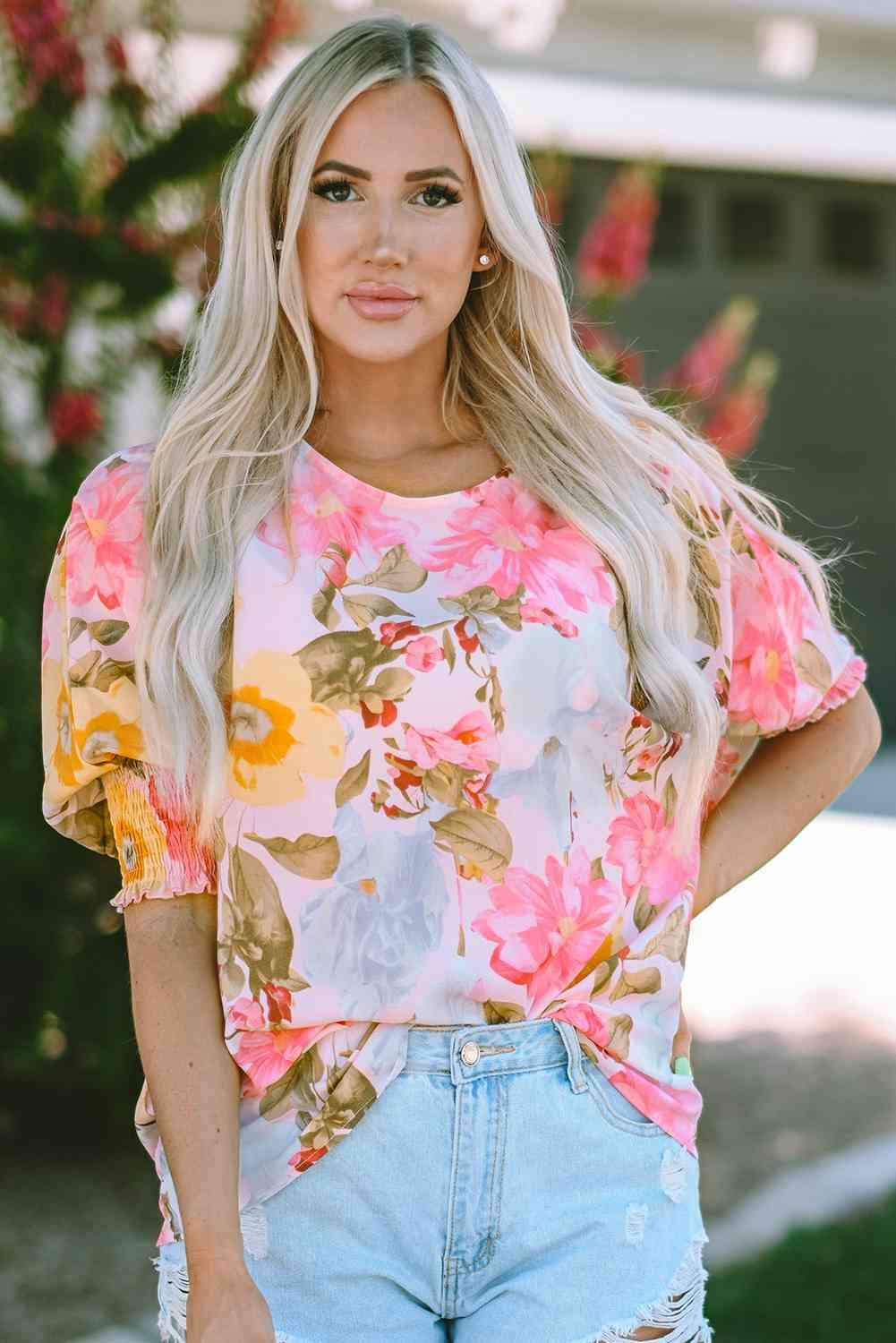 Floral Round Neck Three-Quarter Sleeve Top Blouses - Tophatter Daily Deals