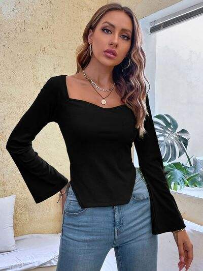 Slit Sweetheart Neck Flare Sleeve T-Shirt Black Women's T-Shirts - Tophatter Daily Deals