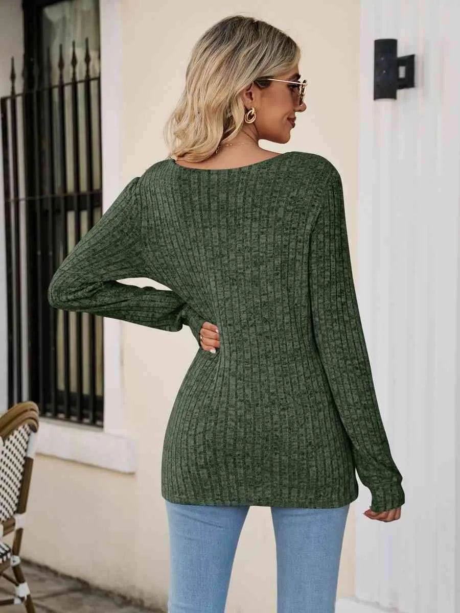 Square Neck Ribbed Long Sleeve T-Shirt Women's T-Shirts - Tophatter Daily Deals
