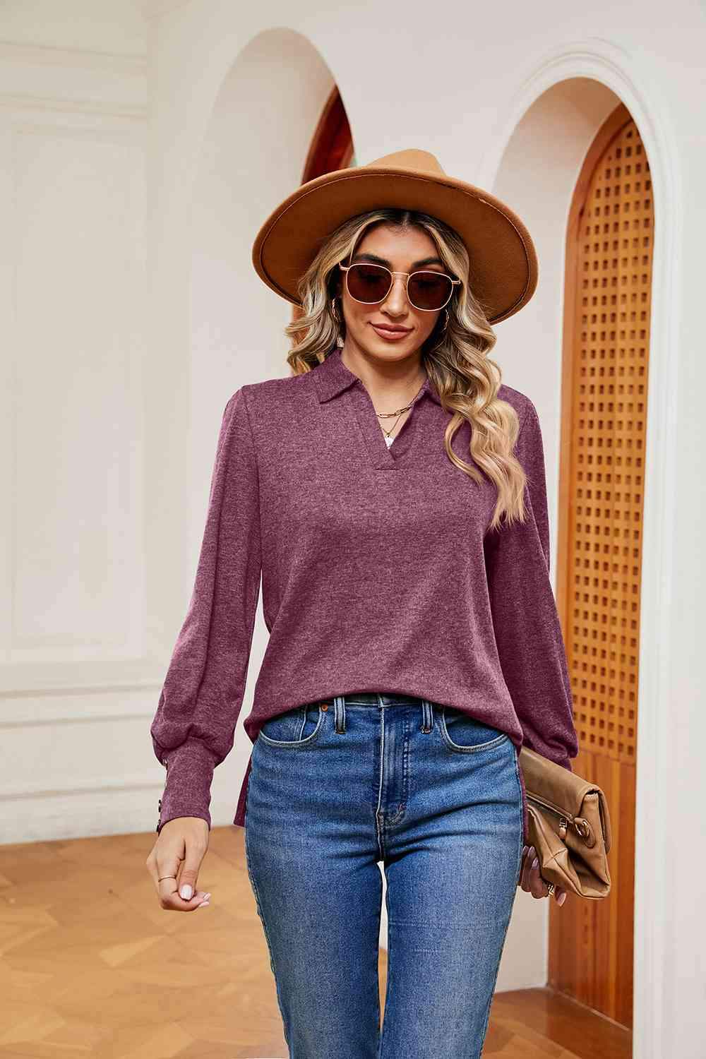 Johnny Collar Long Sleeve Top Moonlit Mauve Blouses - Tophatter Daily Deals