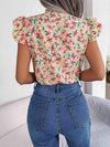 Floral Tie Neck Flutter Sleeve Blouse Blouses - Tophatter Daily Deals