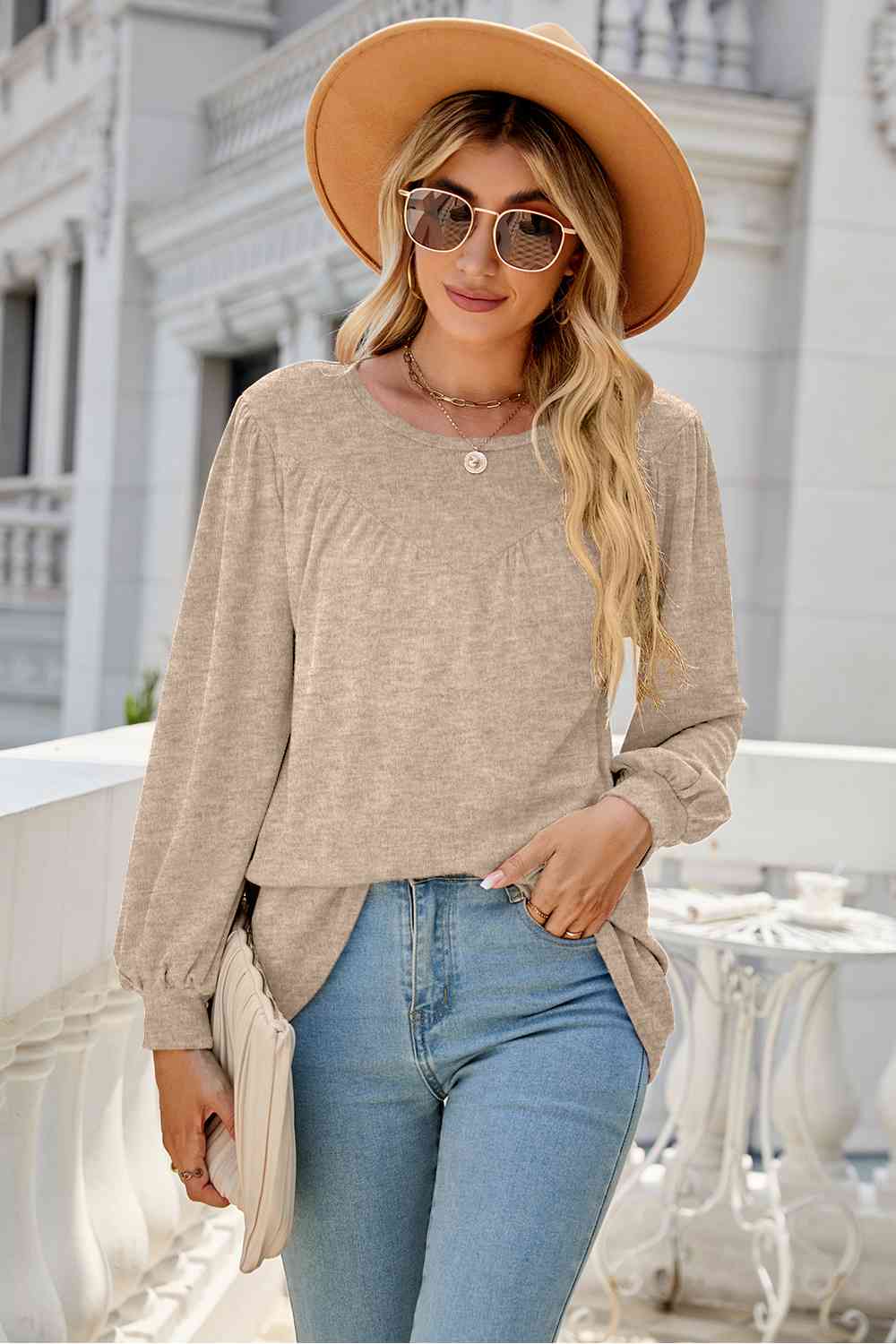 Round Neck Long Sleeve Top Sand Women's T-Shirts - Tophatter Daily Deals