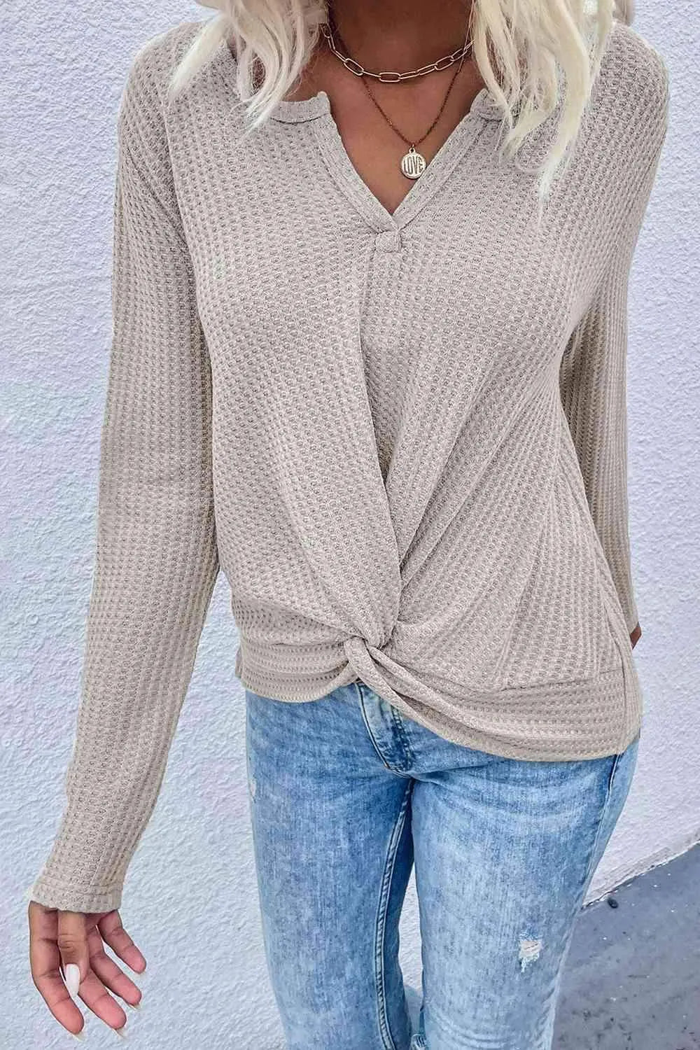 Twist Front Long Sleeve Waffle Knit Top Beige Blouses - Tophatter Daily Deals