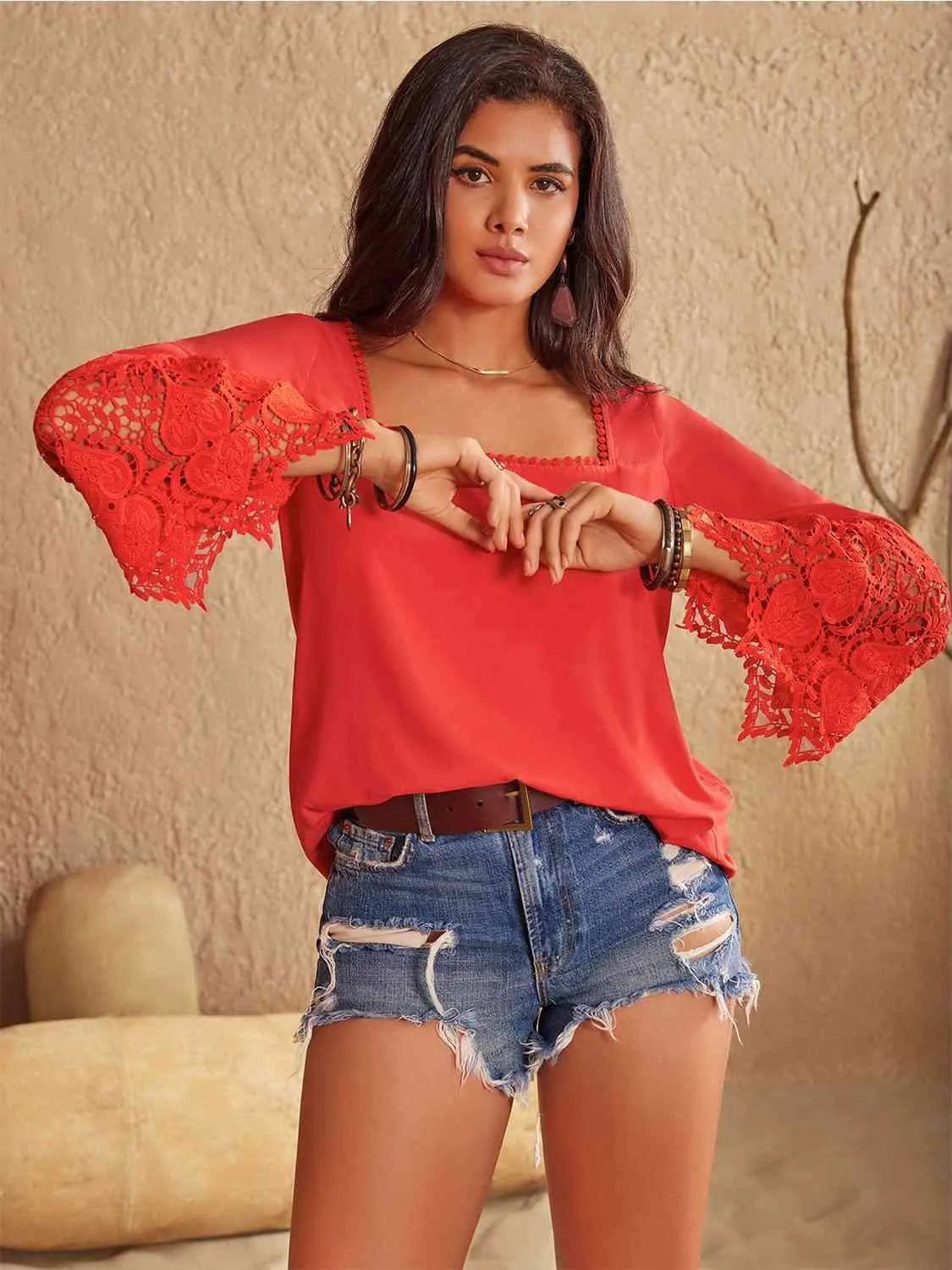 Square Neck Lace Detail Long Sleeve Blouse Blouses - Tophatter Daily Deals