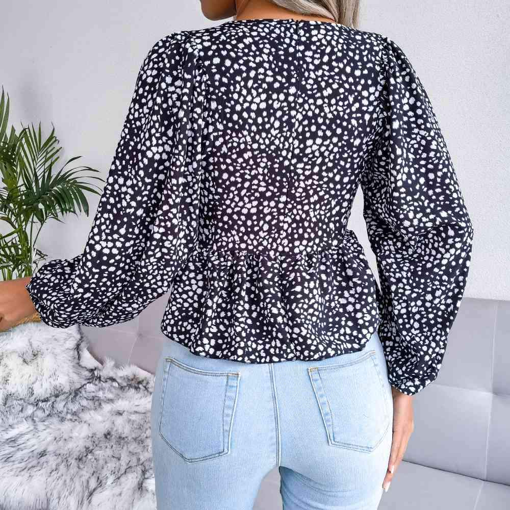 Printed Balloon Sleeve Peplum Blouse Blouses - Tophatter Daily Deals