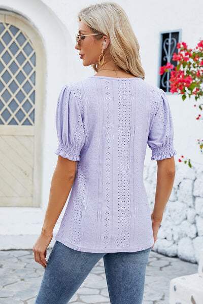 Eyelet Square Neck Short Sleeve T-Shirt Women's T-Shirts - Tophatter Daily Deals