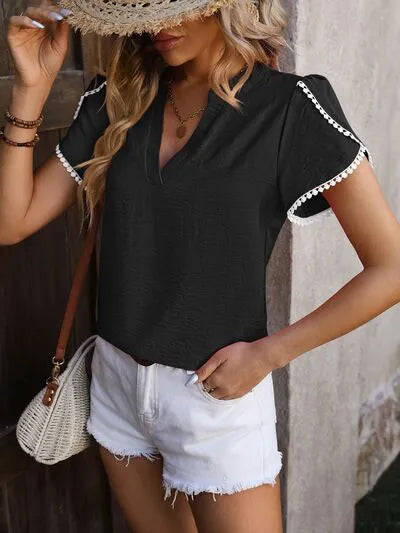 Contrast Trim Pom-Pom Detail Notched Neck Blouse Blouses - Tophatter Daily Deals