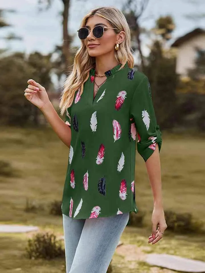 Printed Roll-Tab Sleeve Notched Neck Blouse Blouses - Tophatter Daily Deals