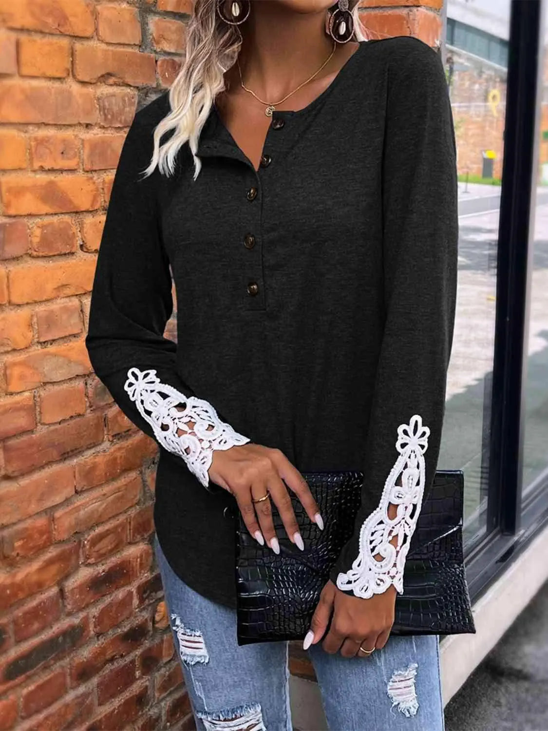 Half Button Lace Detail T-Shirt Women's T-Shirts - Tophatter Daily Deals