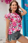 Floral Tie Neck Flutter Sleeve Blouse Blouses - Tophatter Daily Deals