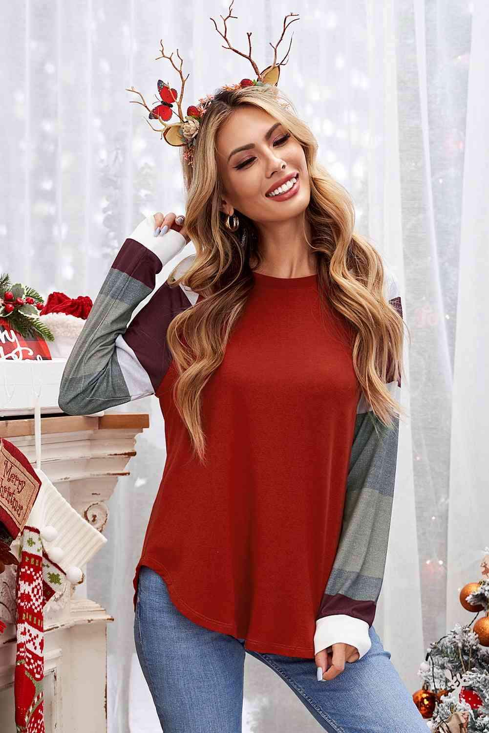 Double Take Color Block Curved Hem Long Sleeve Tee Deep Red Women's T-Shirts - Tophatter Daily Deals