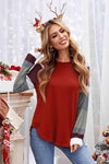 Double Take Color Block Curved Hem Long Sleeve Tee Deep Red Women's T-Shirts - Tophatter Daily Deals